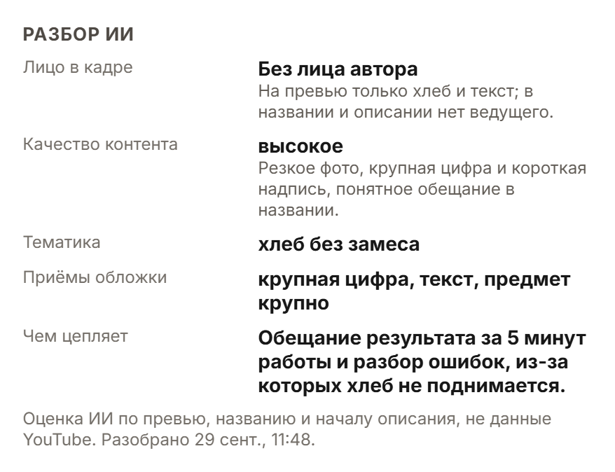 Разбор ИИ в карточке видео: без лица автора, качество высокое, тематика «хлеб без замеса», приёмы обложки — крупная цифра, текст, предмет крупно, и чем цепляет ролик